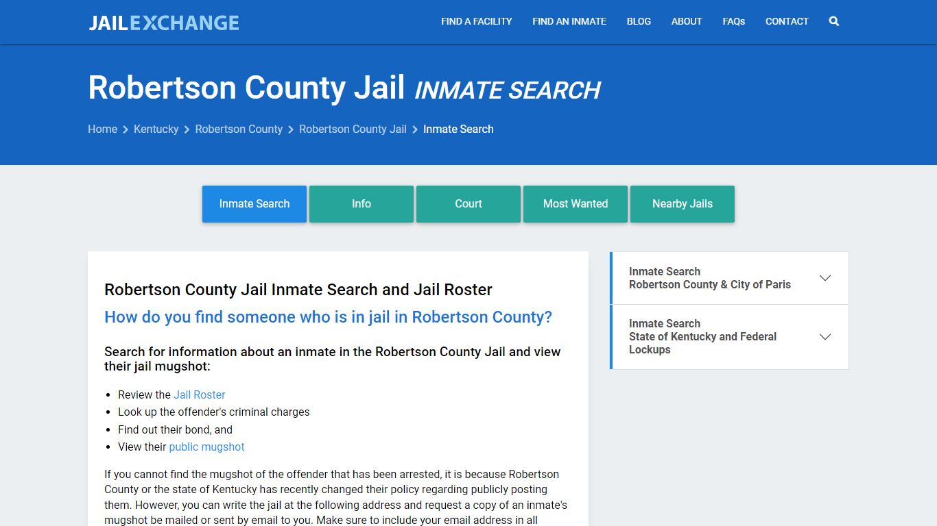 Inmate Search: Roster & Mugshots - Robertson County Jail, KY